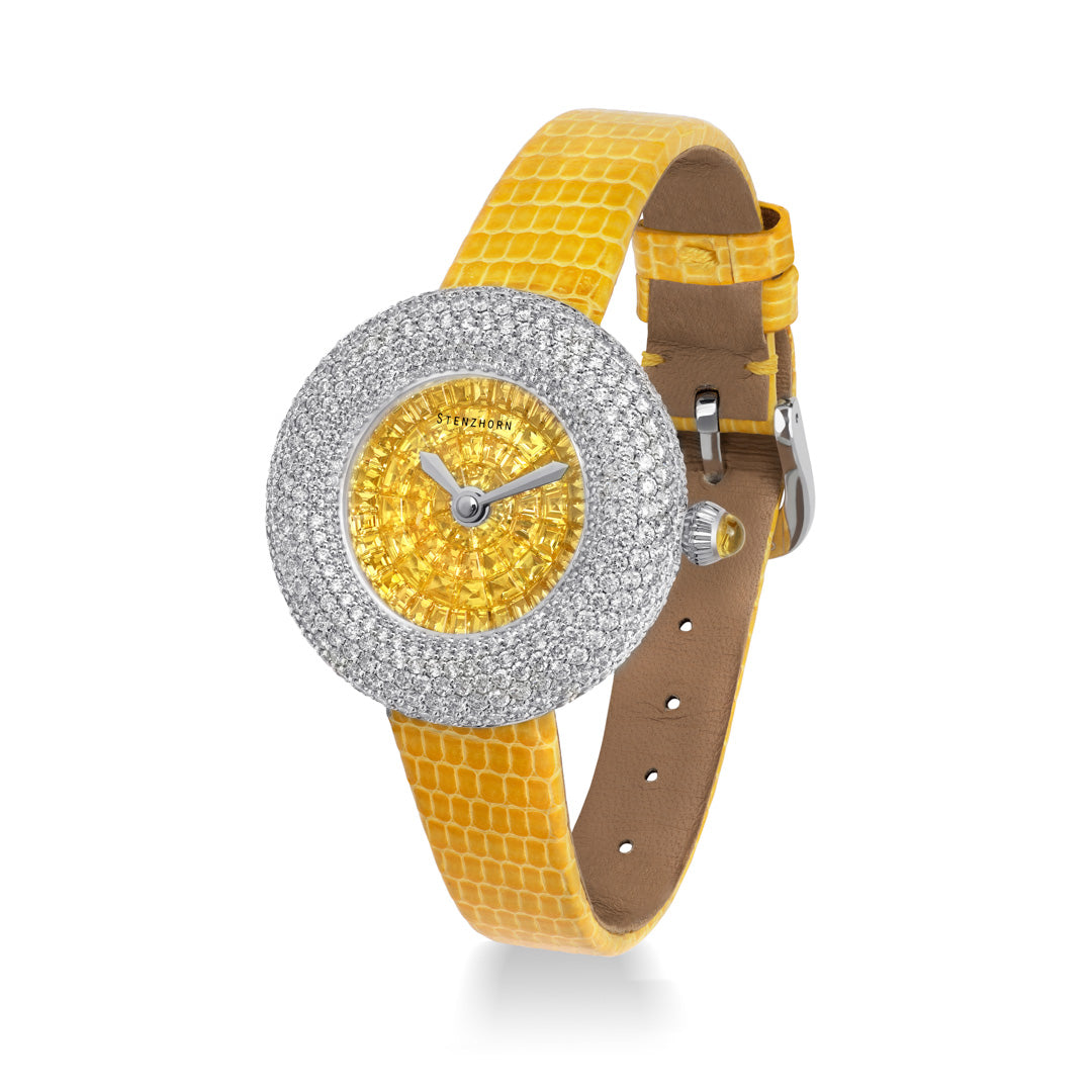 Stenzhorn Mosaic Watch made of yellow sapphires and diamonds with yellow leather strap