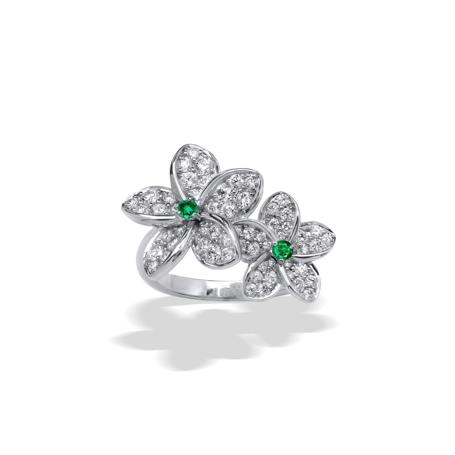 PLUMERIA Diamond and Emerald Ring Double Flower