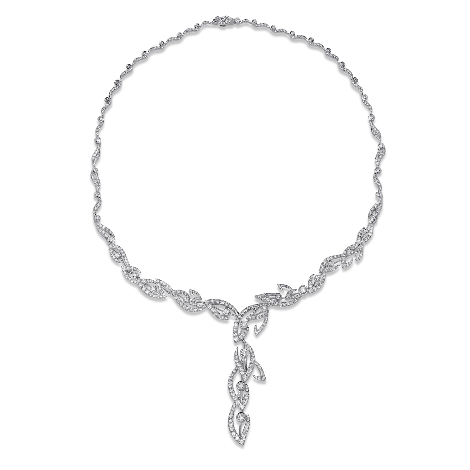 filigree diamond necklace with leaf desingn and detachable pendant made of 18k white gold, Stenzhorn Jewellery